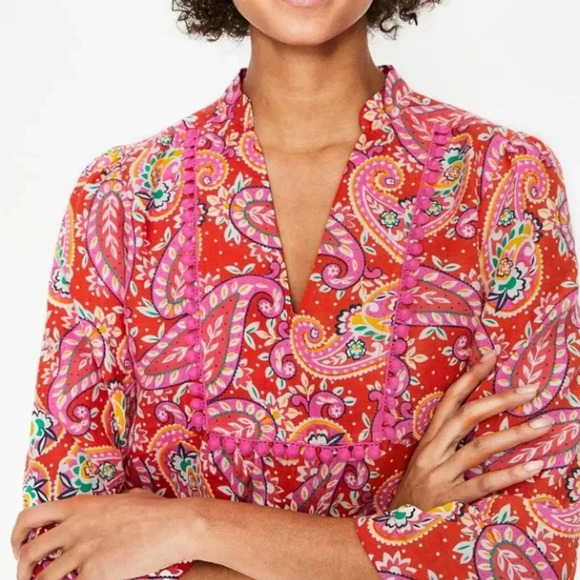 Boden Evangeline Linen Tunic Dress in Red Pop Mexican Paisley Size 4 petite - Picture 3 of 16